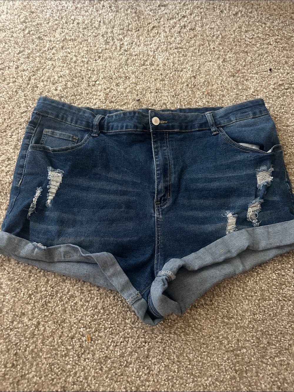 SHEIN Dark Blue Distressed Rolled-Cuff Denim Shorts